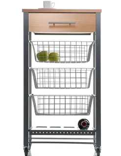 Chariot de cuisine Diana avec 3 paniers, tiroir et porte bouteilles