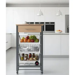 Chariot de cuisine Diana avec 3 paniers, tiroir et porte bouteilles