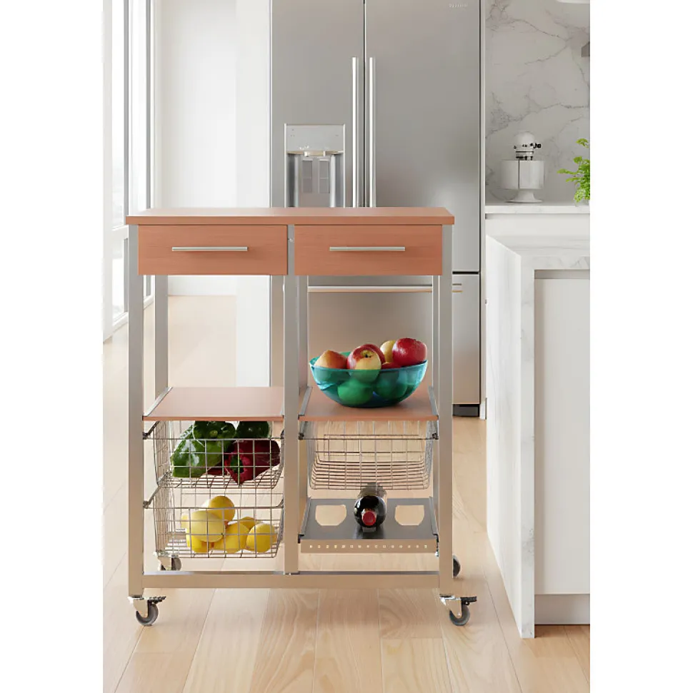 Chariot de cuisine OSLO avec tiroirs, paniers et porte bouteilles Cadre couleur aluminium et plateau effet noyer