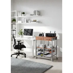 Chariot de cuisine OSLO avec tiroirs, paniers et porte bouteilles Cadre couleur aluminium et plateau effet noyer