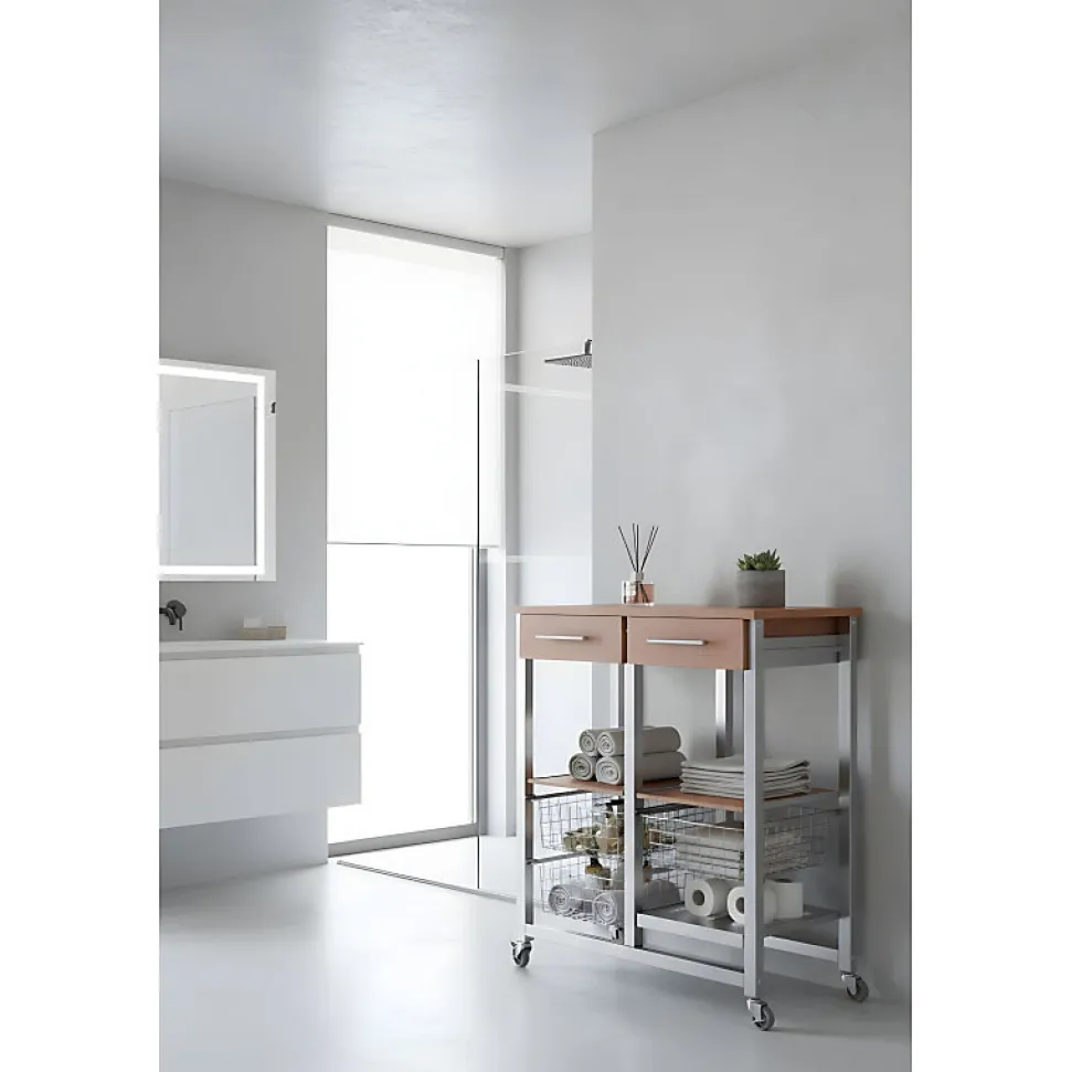 Chariot de cuisine OSLO avec tiroirs, paniers et porte bouteilles Cadre couleur aluminium et plateau effet noyer