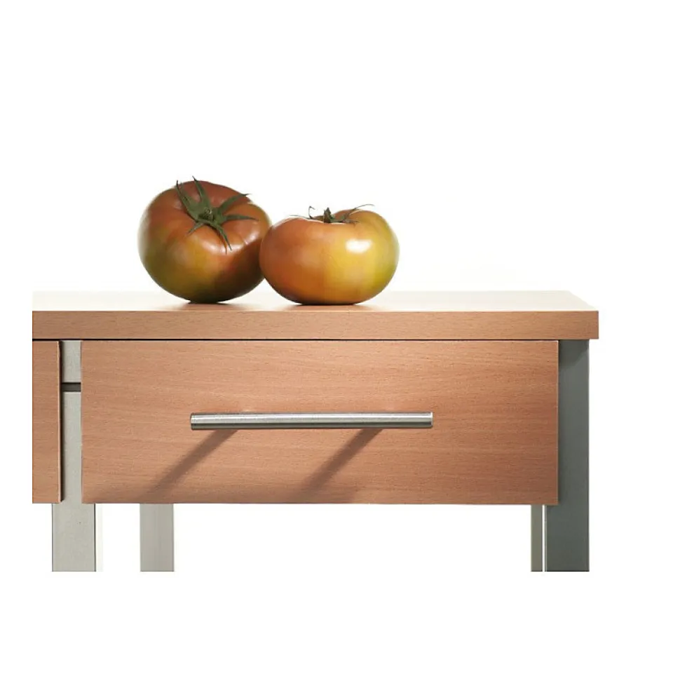 Chariot de cuisine OSLO avec tiroirs, paniers et porte bouteilles Cadre couleur aluminium et plateau effet noyer