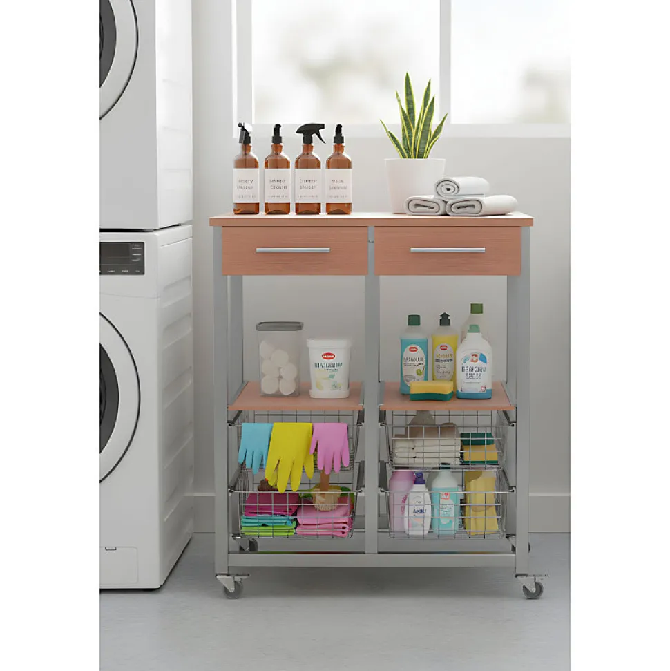 Chariot de cuisine OSLO avec tiroirs, paniers et porte bouteilles Cadre couleur aluminium et plateau effet noyer