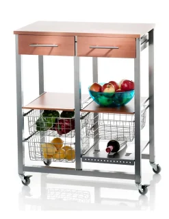 Chariot de cuisine OSLO avec tiroirs, paniers et porte bouteilles Cadre couleur aluminium et plateau effet noyer