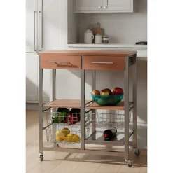 Chariot de cuisine OSLO avec tiroirs, paniers et porte bouteilles Cadre couleur aluminium et plateau effet noyer