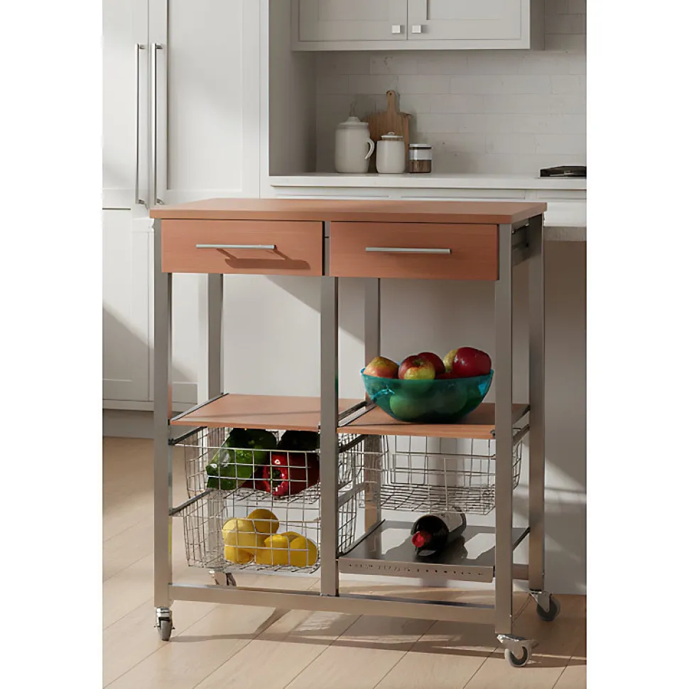 Chariot de cuisine OSLO avec tiroirs, paniers et porte bouteilles Cadre couleur aluminium et plateau effet noyer