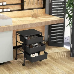 Chariot de rangement à 4 niveaux - 3 paniers et plateau - roulettes verrouillables - acier PP noir