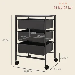 Chariot de rangement à 4 niveaux - 3 paniers et plateau - roulettes verrouillables - acier PP noir