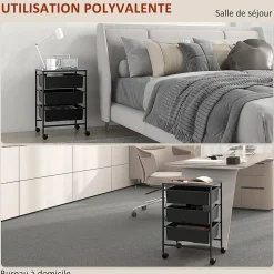 Chariot de rangement à 4 niveaux - 3 paniers et plateau - roulettes verrouillables - acier PP noir