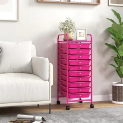 Chariot de Rangement 10 Tiroirs à roulettes, Tour de Rangement à roulettes, Tiroirs en Plastique&Cadre en Acier,37x33x86CM