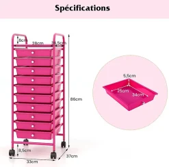Chariot de Rangement 10 Tiroirs à roulettes, Tour de Rangement à roulettes, Tiroirs en Plastique&Cadre en Acier,37x33x86CM