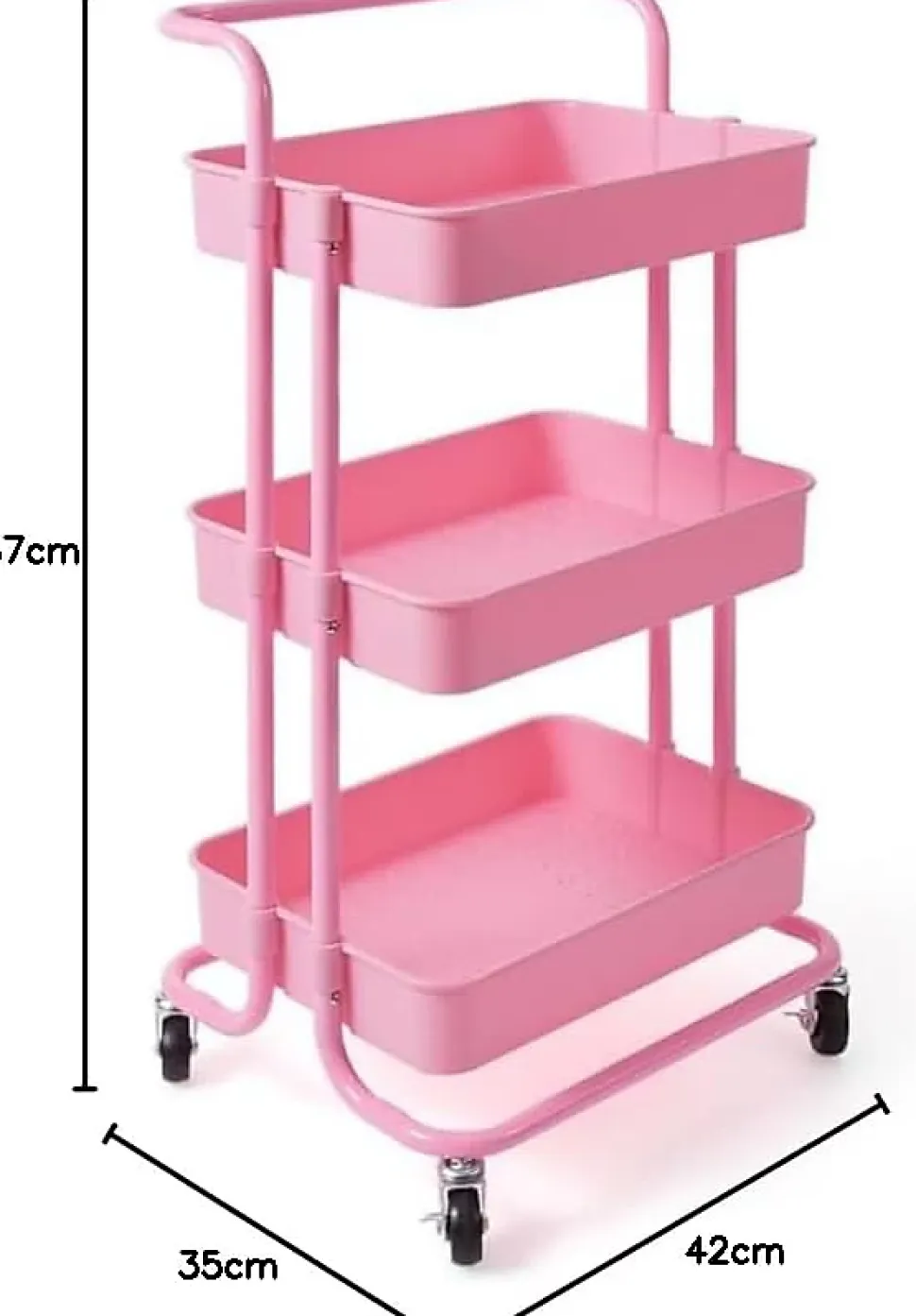 Chariot de Rangement avec 3 Paniers Ciselés 4 Roulettes Universelles 2 avec Frein Charge 20KG par Panier Rose