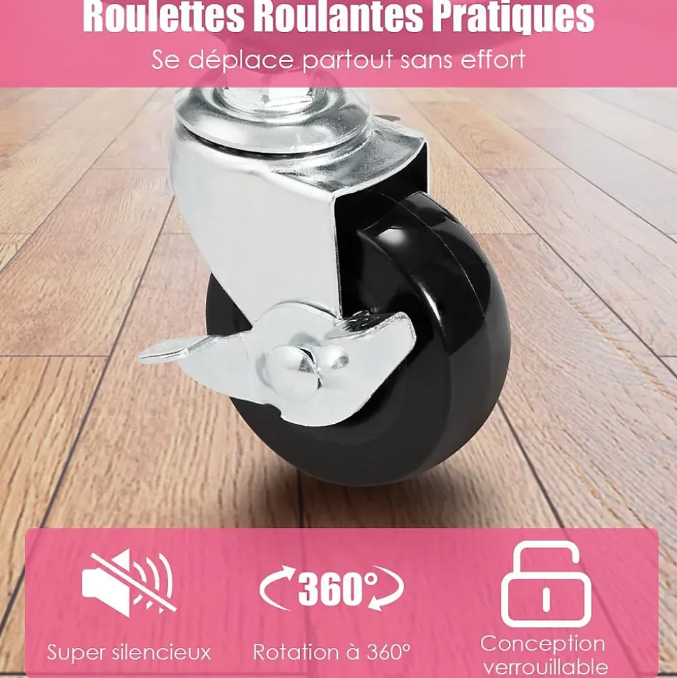 Chariot de Rangement avec 3 Paniers Ciselés 4 Roulettes Universelles 2 avec Frein Charge 20KG par Panier Rose