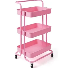 Chariot de Rangement avec 3 Paniers Ciselés 4 Roulettes Universelles 2 avec Frein Charge 20KG par Panier Rose