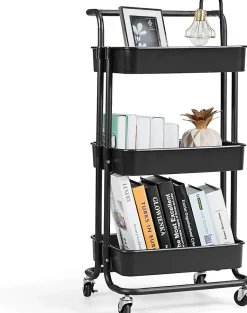 Chariot de Rangement avec 3 Paniers Ciseles Presente 4 roulettes Universelles 2 avec Frein 20KG de Support de Poids Noir