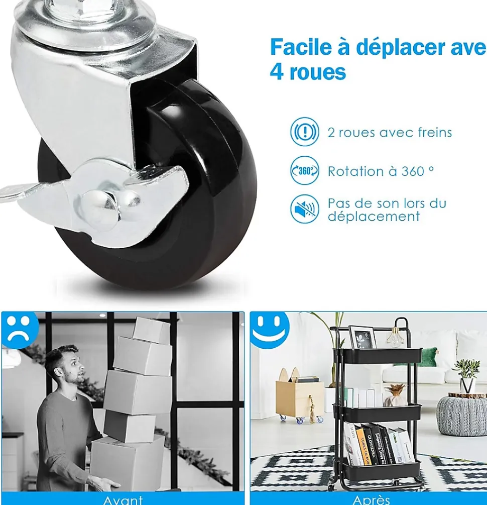 Chariot de Rangement avec 3 Paniers Ciseles Presente 4 roulettes Universelles 2 avec Frein 20KG de Support de Poids Noir