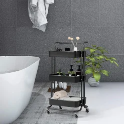 Chariot de Rangement avec 3 Paniers Ciseles Presente 4 roulettes Universelles 2 avec Frein 20KG de Support de Poids Noir