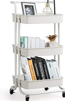 Chariot de Rangement avec 3 Paniers Ciseles Presente 4 roulettes Universelles 2 avec Frein 20KG de Support de Poids Blanc