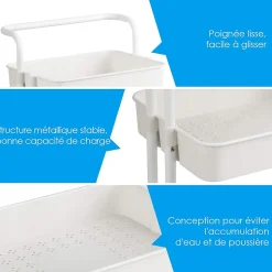 Chariot de Rangement avec 3 Paniers Ciseles Presente 4 roulettes Universelles 2 avec Frein 20KG de Support de Poids Blanc