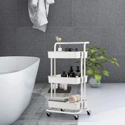 Chariot de Rangement avec 3 Paniers Ciseles Presente 4 roulettes Universelles 2 avec Frein 20KG de Support de Poids Blanc