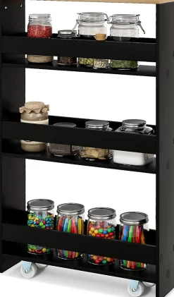 Chariot de Rangement de Cuisine à 4 Niveaux avec 4 roulettes Étagère de Cuisine avec Poignée Latérale Noir