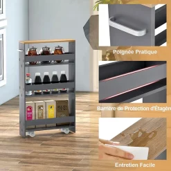 Chariot de Rangement de Cuisine à 4 Niveaux avec 4 roulettes Étagère de Cuisine avec Poignée Latérale Gris