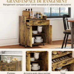 Chariot de service desserte de cuisine à roulettes tiroir placard 2 portes étagère aspect bois vieilli