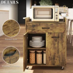 Chariot de service desserte de cuisine à roulettes tiroir placard 2 portes étagère aspect bois vieilli