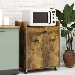 Chariot de service desserte de cuisine à roulettes tiroir placard 2 portes étagère aspect bois vieilli