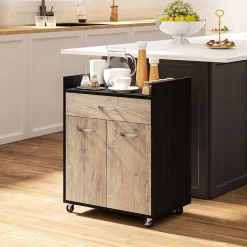 Chariot de service desserte de cuisine à roulettes tiroir placard 2 portes étagère noir aspect chêne clair