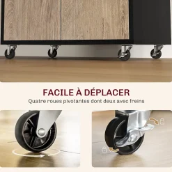 Chariot de service desserte de cuisine à roulettes tiroir placard 2 portes étagère noir aspect chêne clair