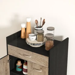 Chariot de service desserte de cuisine à roulettes tiroir placard 2 portes étagère noir aspect chêne clair