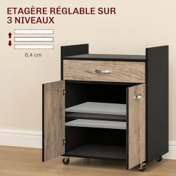 Chariot de service desserte de cuisine à roulettes tiroir placard 2 portes étagère noir aspect chêne clair