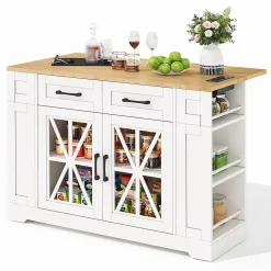 Chariot Îlot Cuisine 120cm Table Rabattable USB AC Verre Roues Blackcolors