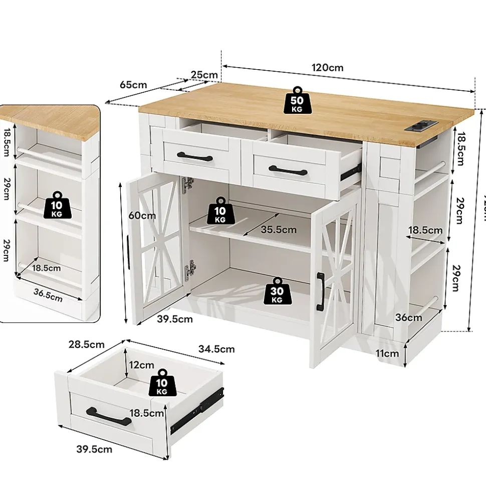 Chariot Îlot Cuisine 120cm Table Rabattable USB AC Verre Roues Blackcolors