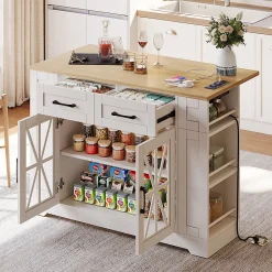 Chariot Îlot Cuisine 120cm Table Rabattable USB AC Verre Roues Blackcolors