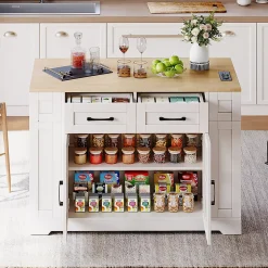 Chariot Îlot Cuisine 120cm Table Rabattable USB AC Verre Roues Blackcolors