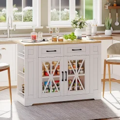 Chariot Îlot Cuisine 120cm Table Rabattable USB AC Verre Roues Blackcolors