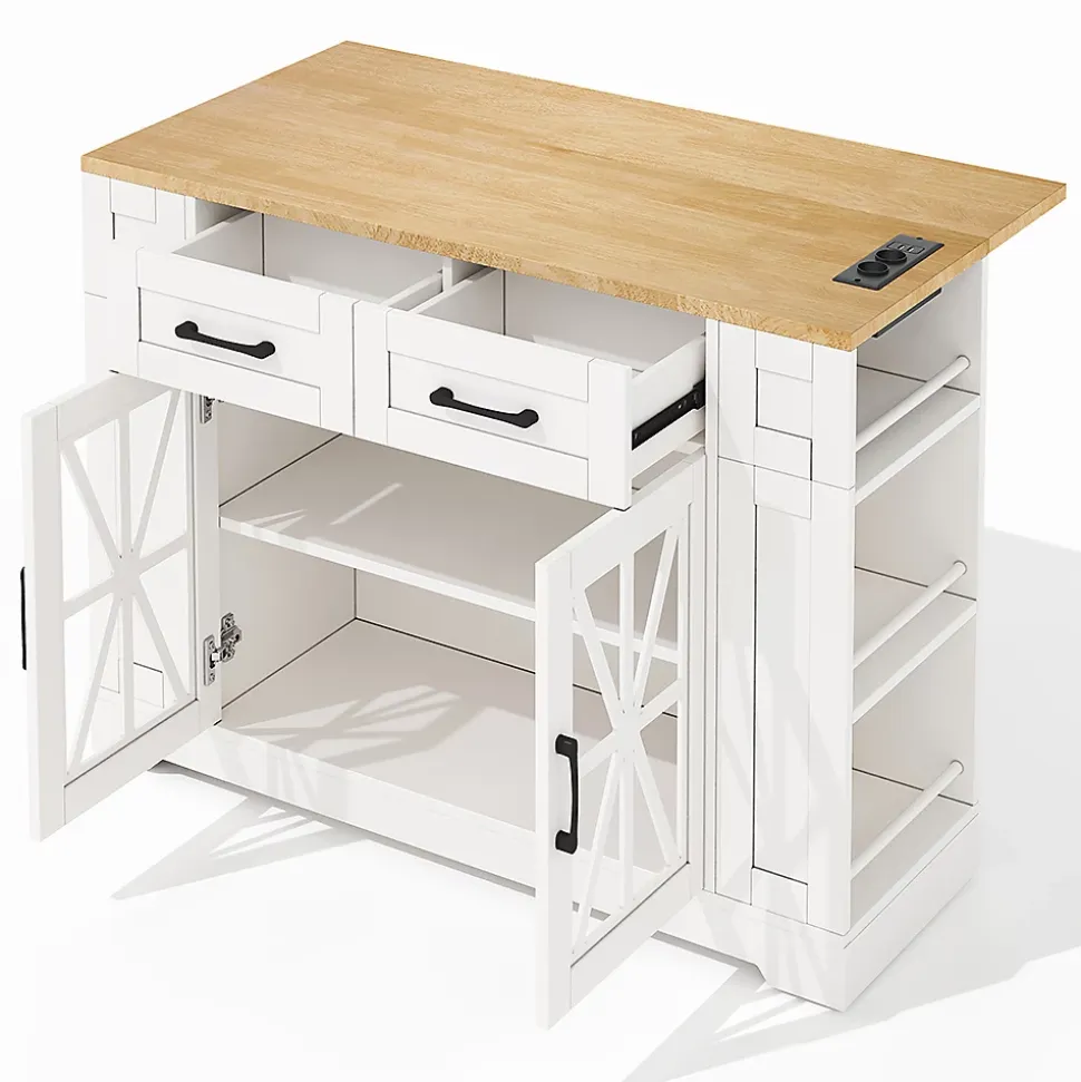 Chariot Îlot Cuisine 120cm Table Rabattable USB AC Verre Roues Blackcolors