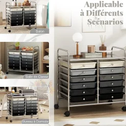 Chariot Rangement avec 12 Tiroirs Amovibles PP,Chariot à roulettes avec Roues Bloquantes et Poignées,62,5 x 37 x 62,5CM