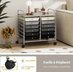 Chariot Rangement avec 12 Tiroirs Amovibles PP,Chariot à roulettes avec Roues Bloquantes et Poignées,62,5 x 37 x 62,5CM