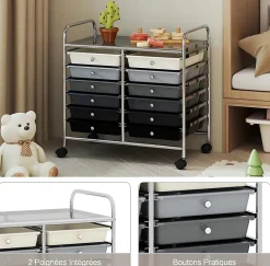 Chariot Rangement avec 12 Tiroirs Amovibles PP,Chariot à roulettes avec Roues Bloquantes et Poignées,62,5 x 37 x 62,5CM