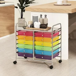 Chariot Rangement avec 12 Tiroirs Amovibles PP,Chariot à roulettes avec Roues Bloquantes et Poignée, 62,5 x 37 x 62,5CM