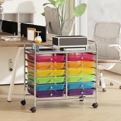 Chariot Rangement avec 12 Tiroirs Amovibles PP,Chariot à roulettes avec Roues Bloquantes et Poignée, 62,5 x 37 x 62,5CM