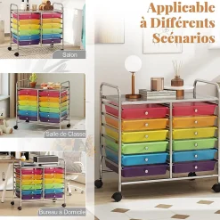 Chariot Rangement avec 12 Tiroirs Amovibles PP,Chariot à roulettes avec Roues Bloquantes et Poignée, 62,5 x 37 x 62,5CM