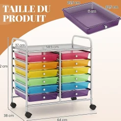 Chariot Rangement avec 12 Tiroirs Amovibles PP,Chariot à roulettes avec Roues Bloquantes et Poignée, 62,5 x 37 x 62,5CM