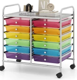Chariot Rangement avec 12 Tiroirs Amovibles PP,Chariot à roulettes avec Roues Bloquantes et Poignée, 62,5 x 37 x 62,5CM