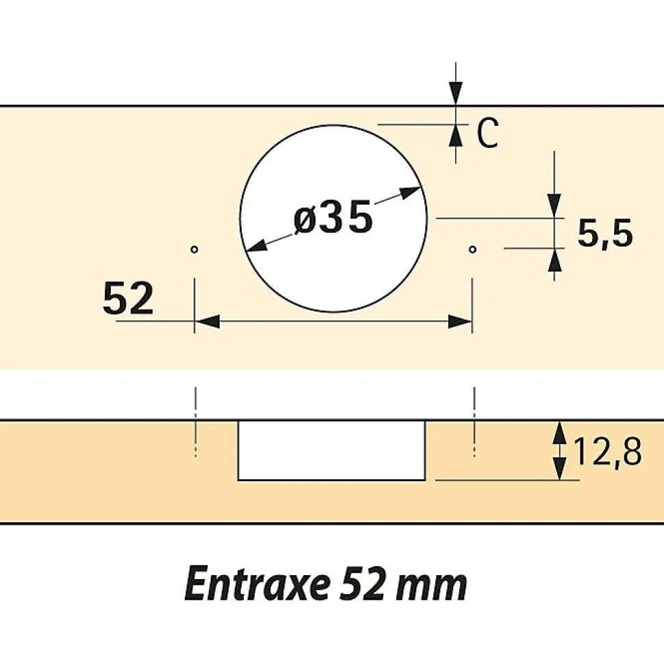 Charnière invisible à visser Intermat pour porte à moulure - Hettich - Angle d'ouverture 95 degré - Entraxe 52 mm - Coudure 0 mm