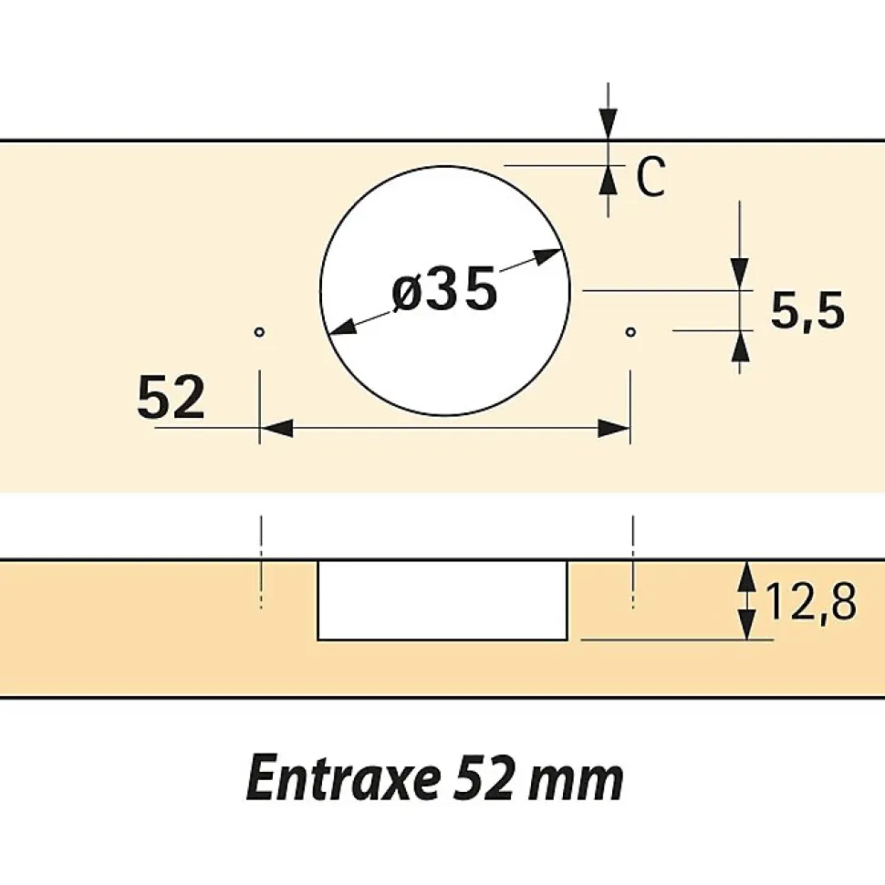 Charnière invisible à visser Sensys - Hettich - Angle d'ouverture 165 degré - Entraxe 52 mm - Coudure 0 mm