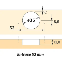 Charnière invisible à visser Intermat pour porte à moulure - Hettich - Angle d'ouverture 95 degré - Entraxe 52 mm - Coudure 9,5 mm